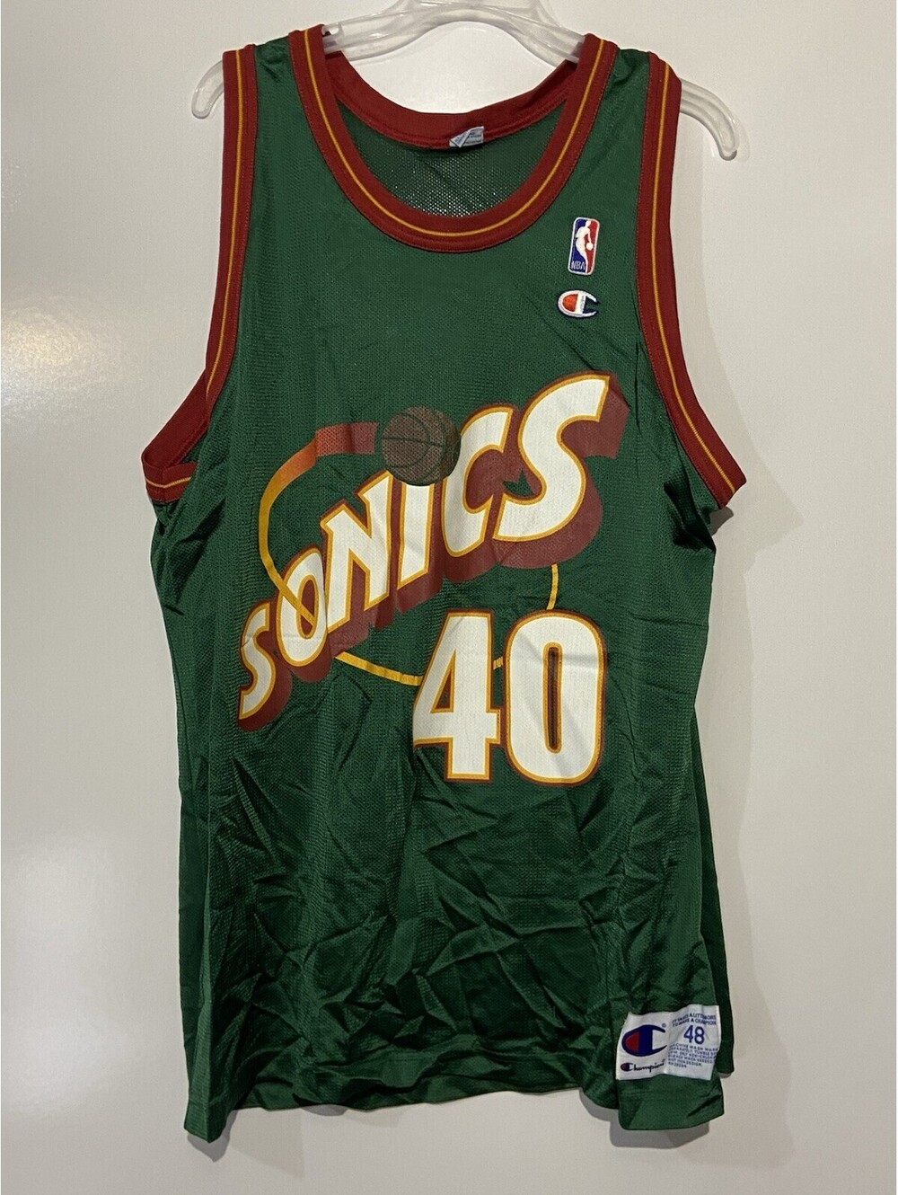 Mens CHAMPION Green Vintage Seattle Sonics #40 Shawn Kemp Jersey Sz 48